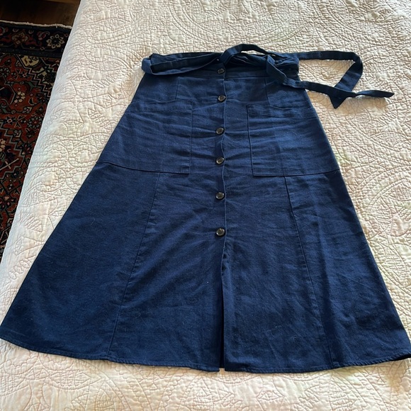 Navy Linen Blend A line Midi Skirt with Wrap Tie - Picture 2 of 7